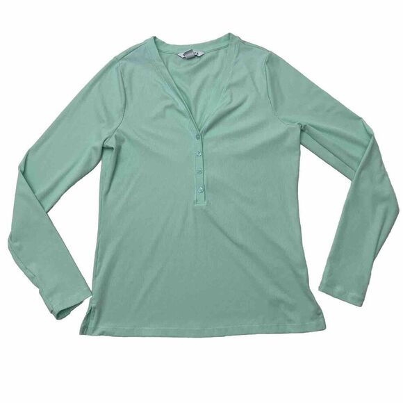 Athleta Womens Uptempo Ribbed Henley Top Sz L Mint Green Athleisure - Picture 1 of 15